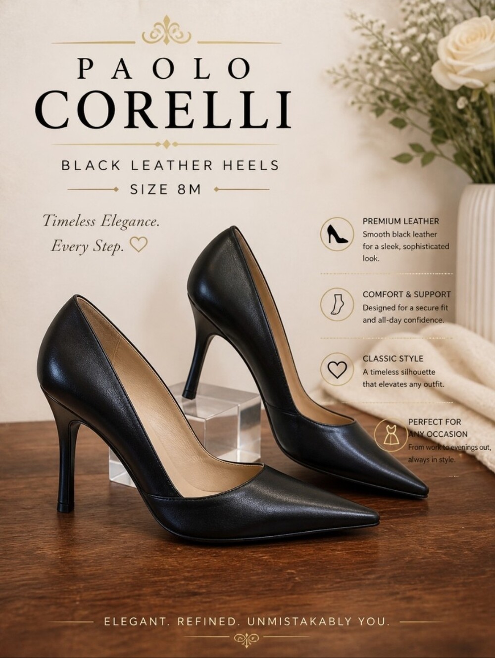 PAOLO CORELLI Black Leather Women's Heels 8M